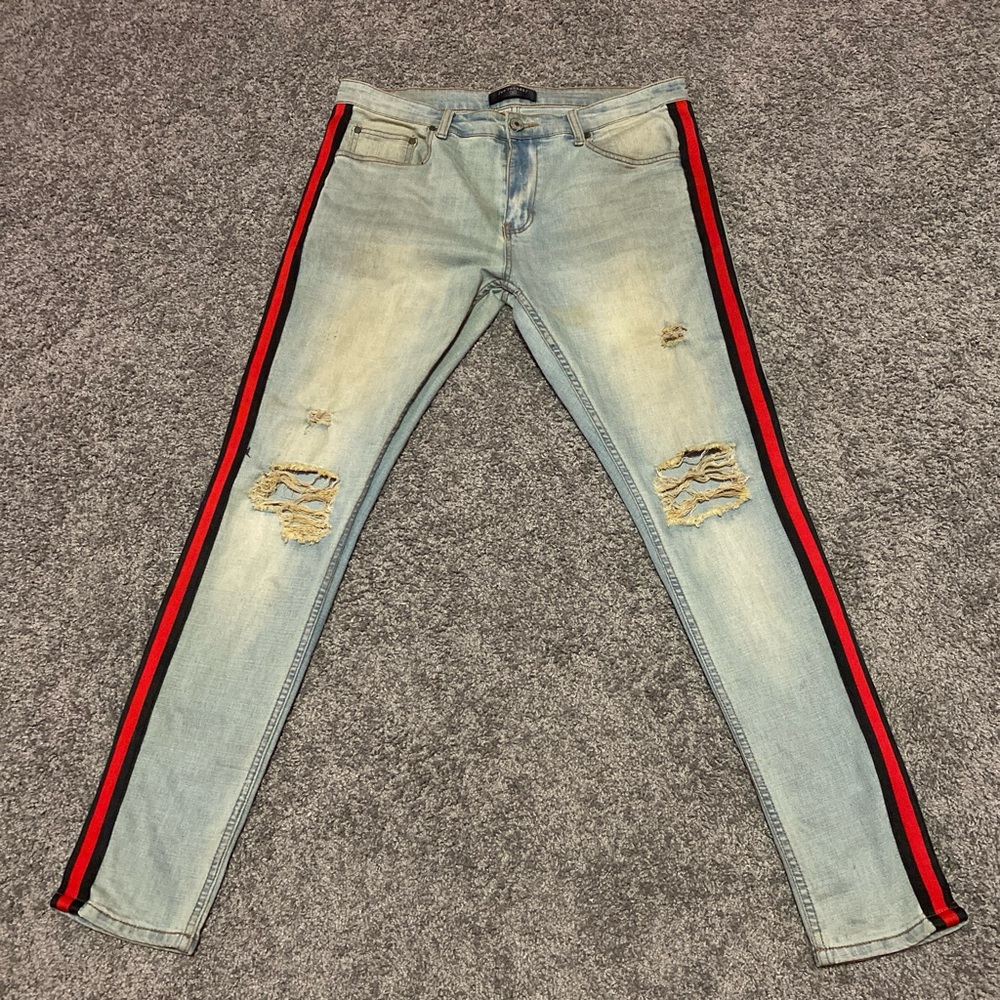 Men's Light Blue Skinny Jeans with Red Stripe
